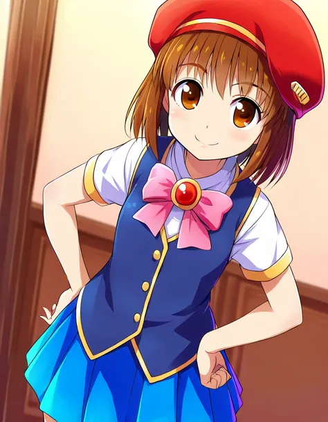 PuyoArleYD,1girl,solo,brown hair,brown eyes,vests,red beret, pink bow,blue skirt,buttons,indoors, smile, hands on own hip, masterpiece, best quality, very aesthetic, absurdres,hand