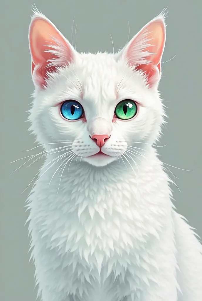 White cat with one blue eye and one green eye looking straight ahead with a more or less lively painted or brushed style and with a calm look