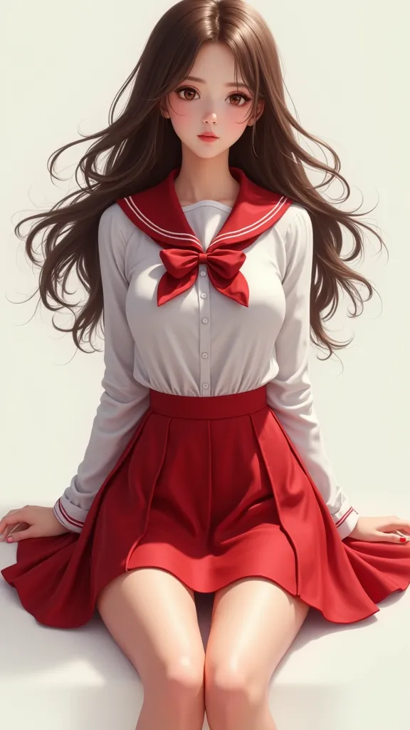  schoolgirl, red skirt, beautiful legs. realistic. brown hair and loose .  sitting or standing , full body foot skirt 