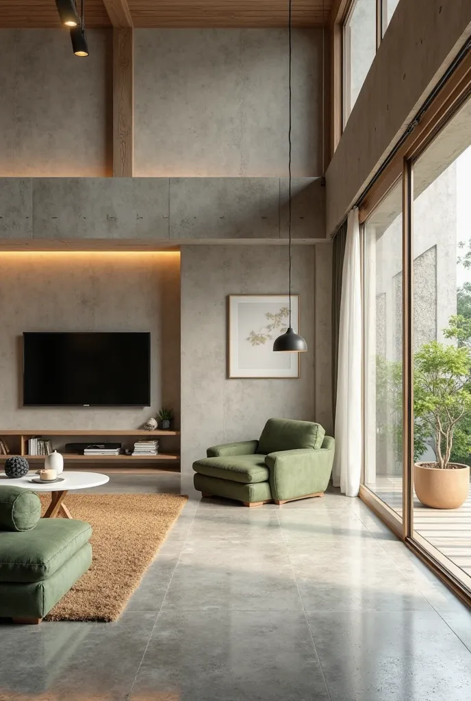 Professional 3D architectural rendering design, photo realistic image, a living room with a concrete floor, a raised tatami space, a high ceiling with a wall-mounted TV, Japandi style, a green sofa, and a white low table.