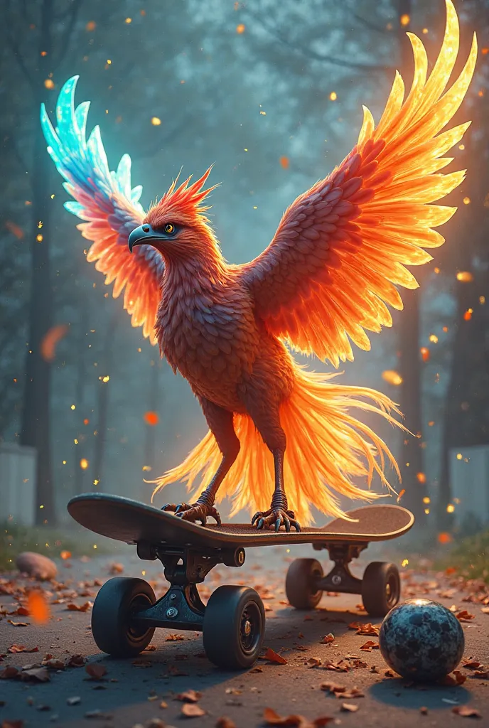 Phoenix bird with colors blue, red, orange, yellow with its wings spread rising, emerging from a four-wheeled skate, two crossed hoodies and a goalkeeper's helmet  