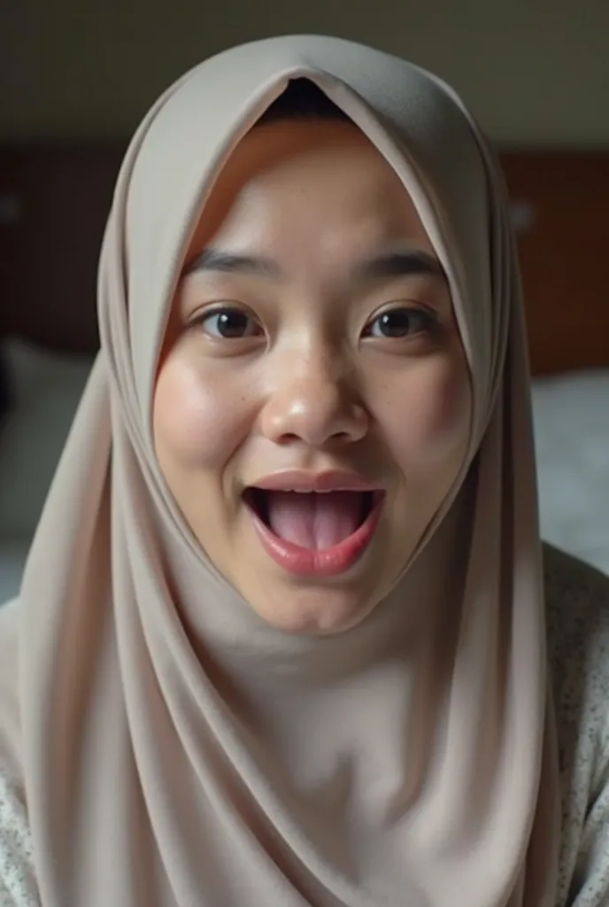 real malaysian hijab chubby girl , without wearing any clothes ,without underwear ,blowjob style , point of view close up from her head, she showing her nipples with her tounge out from her mouth at bed HD