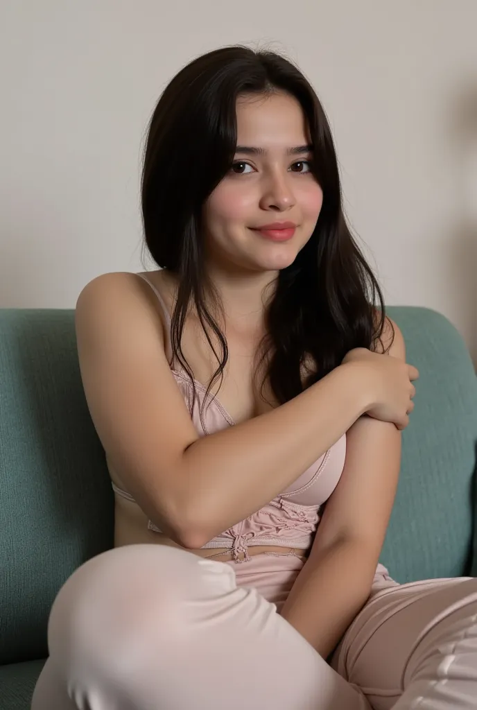 High quality shy and timid, twelve-year-old pakistani girl, on her couch,(photo quality) masterpiece, 4k high res, shy pose, spaghetti strap tank top, teasing, blushing, slight cleavage