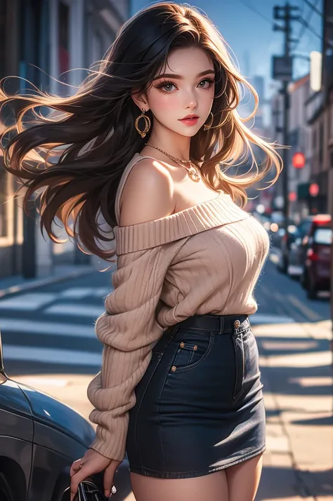 a plus sized woman in a off shoulder sweater and denim frayed skirt, 1girl, solo, jewelry, earrings, skirt, long hair, denim, denim skirt, black hair, sweater