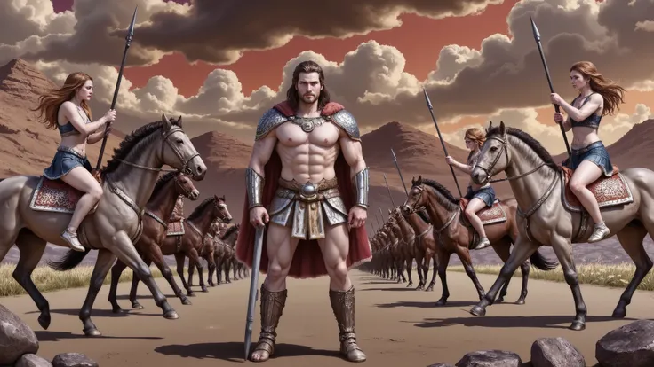 Hercules standing on the ground, surrounded by Amazon warriors on horseback wielding spears.