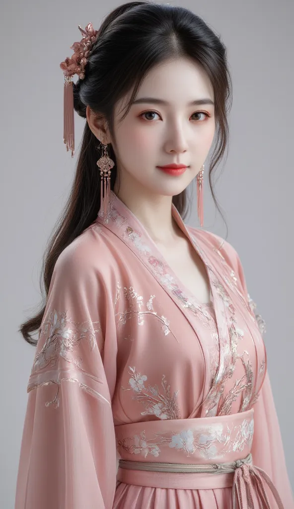 Beautiful 18 year old girl wearing high definition pink Hanfu vintage Chinese dress, Masterpiece, is anatomically correct, high-resolution model, maximum resolution, Realistic Textures,  long hair,  long hairมาก, breasts,  thin smile ,  thin smile , Soft C...