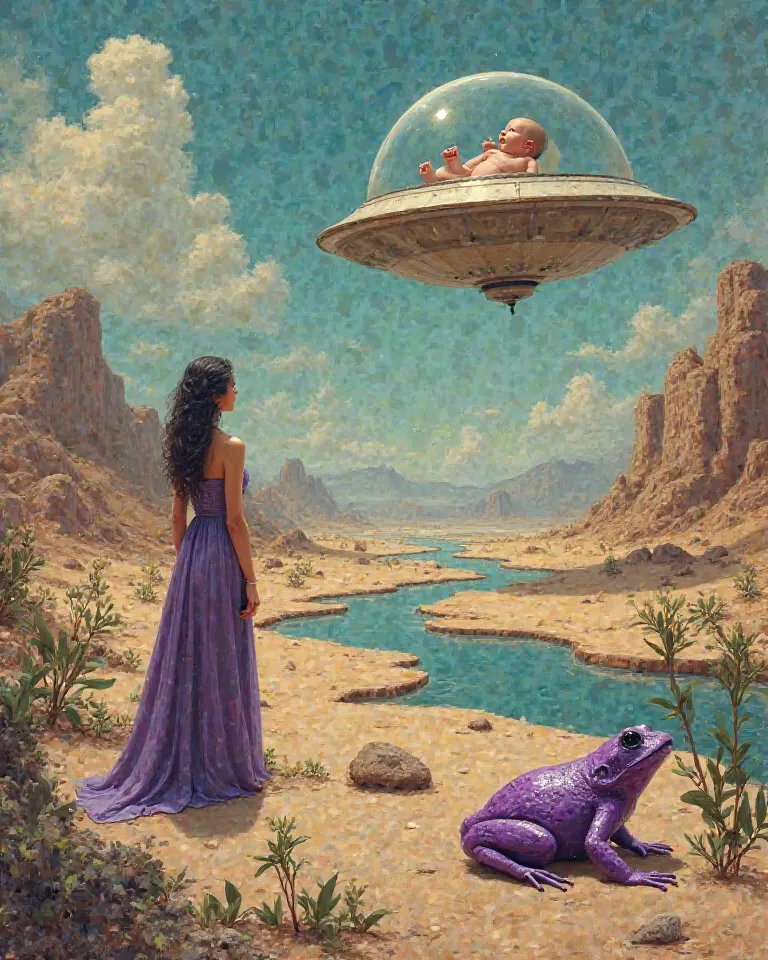 Salvador Dali style painting with a futuristic theme, being a landscape of a desert environment, with a stream and a purple frog at the edge of the stream, a flying saucer delivering a newborn baby to a woman, a woman dressed in a purple dress in the backg...