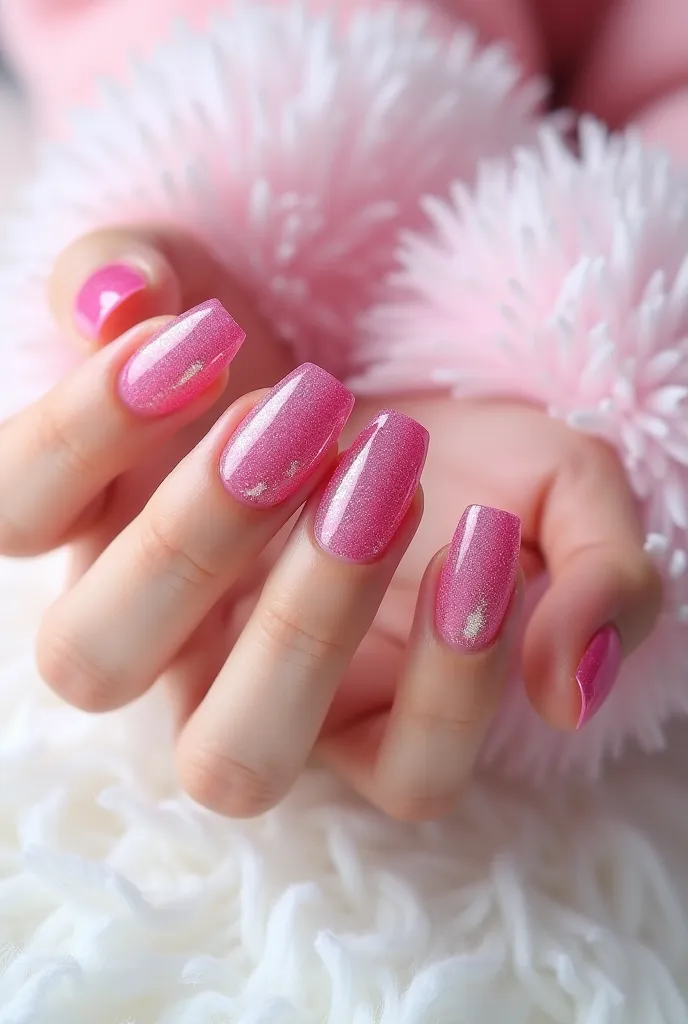 Pink glitter gel nails with fuzzy white background 