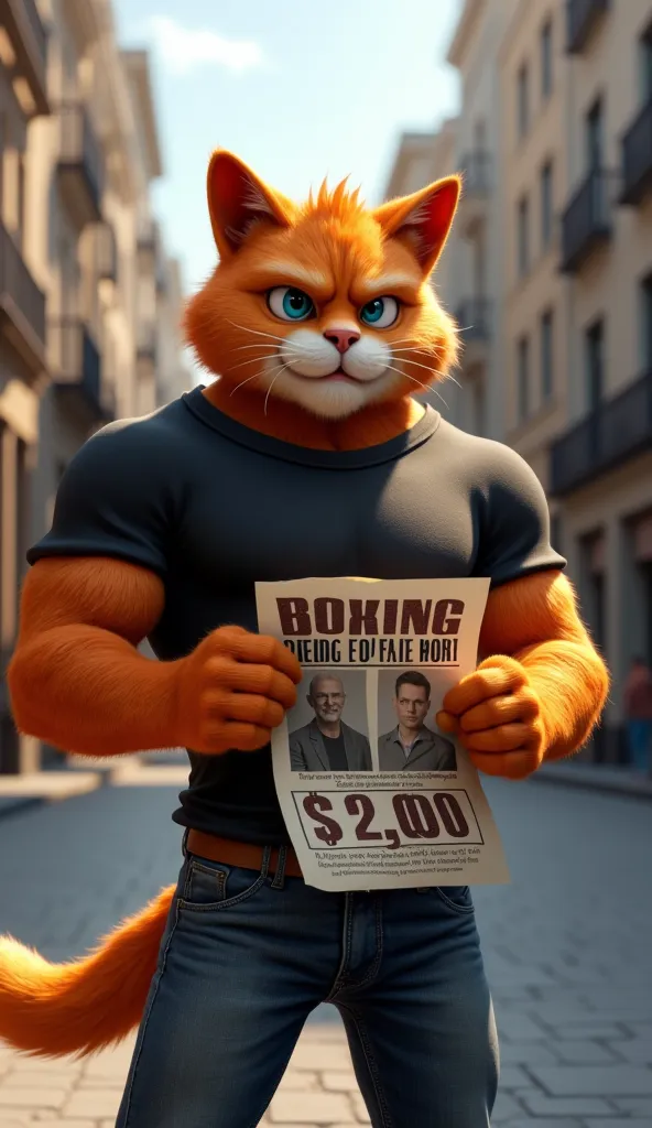 a muscular orange furry anthrophomorphic tomcat with blue eyes,  dressed in a black T-shirt and jeans . He stands on the city sidewalk with a serious expression while holding a flyer "Boxing Reward" who offers a reward $2.000 for two wanted men. His expres...