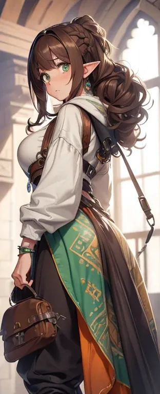 ((best quality))) (((HD))) (((8k))) (character) 20-year-old woman, ((adventurous)), (long pointy ears), freckles, elf, short stature and plump, chunky ((large breasts)), (wide hips:1.2), (dark brown hair:1.5), medium length and held back with a hair band, ...