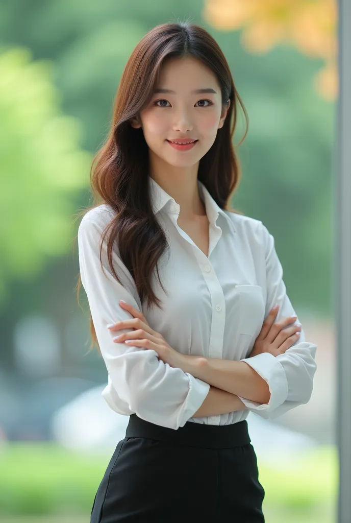 A beautiful 25-year-old Japanese woman with long brown hair reaching her chest. She has an elegant and attractive appearance, with a clean, modern style. Her features are delicate and refined, radiating confidence and charm. She works as a secretary and is...