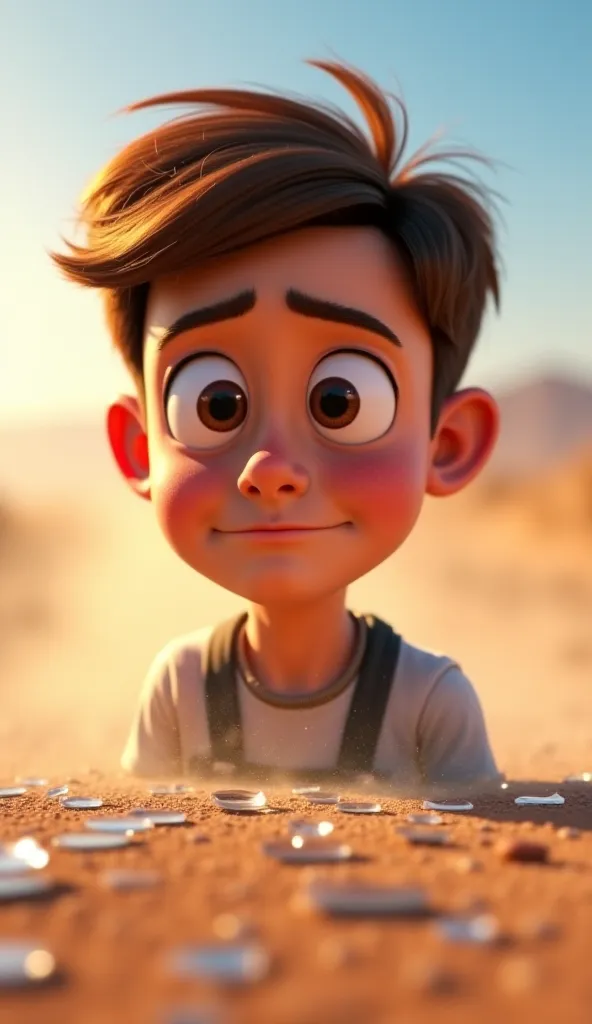 Script Sentence 6:** *Disheartened, he looked down—only to see the sky reflected in every tiny piece.*  
1. Create a Disney Pixar-style *close-up shot* of a *man’s face, with short brown hair and a sad expression*, in a *dusty road setting*. The subject is...