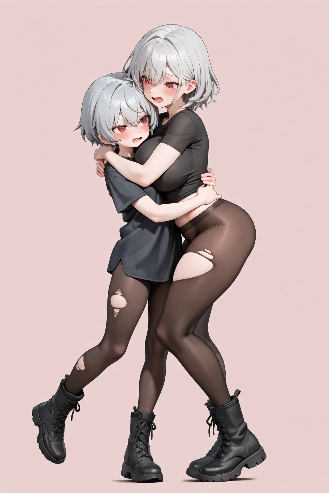 2girl, hug each other, gray Hair, Short Hair, Large breasts, red eyes, Blush, Open Mouth, Simple background, black shirt, ripped leggings, combat boots, full body, High Resolution, Masterpiece, Accurate, Best Quality, Detail, High Quality, High Details, 