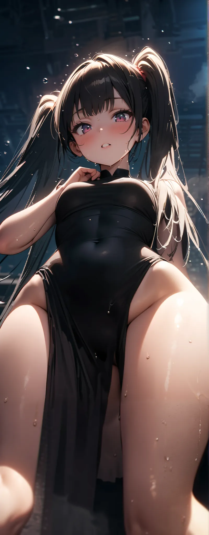 Twin Tails、 VERY DETAILED BLACK CHINESE DRESS , Good physique , (beautiful girl: 1.3),top quality,8k,Highly Detailed CG Unit Wallpaper,masterpiece:1.2,top quality, Ultra High Resolution ,RAW photo,Real Skin Texture,Cinema Lighting,is embarrassing,, vapor,w...