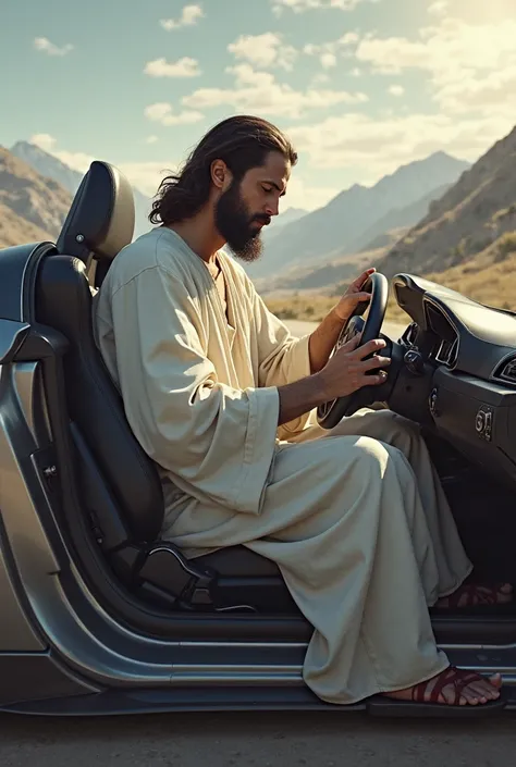 Generate an image of Jesus driving a 2024 Nissan GTR AWD