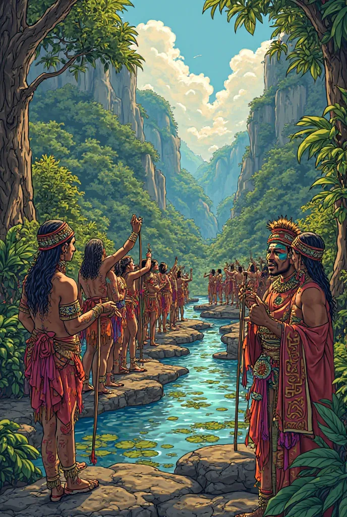 Scene that connects the mythological past to the contemporary: members of the Asurini community celebrate and live in harmony with nature, rescuing ancient teachings. In comic book style