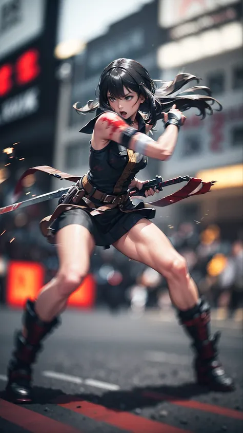 (high quality, 8K, 4k, HIGH CONTRAST, masterpiece: 1.2, 最high quality, better aesthetics), Shibuya Crossing,  post-apocalyptic ,  1 number, focus, intense fight ,  fighting action pose , ((( blurry motion effect: 1.6))),  Tokyo's destroyed atmosphere ,  Em...