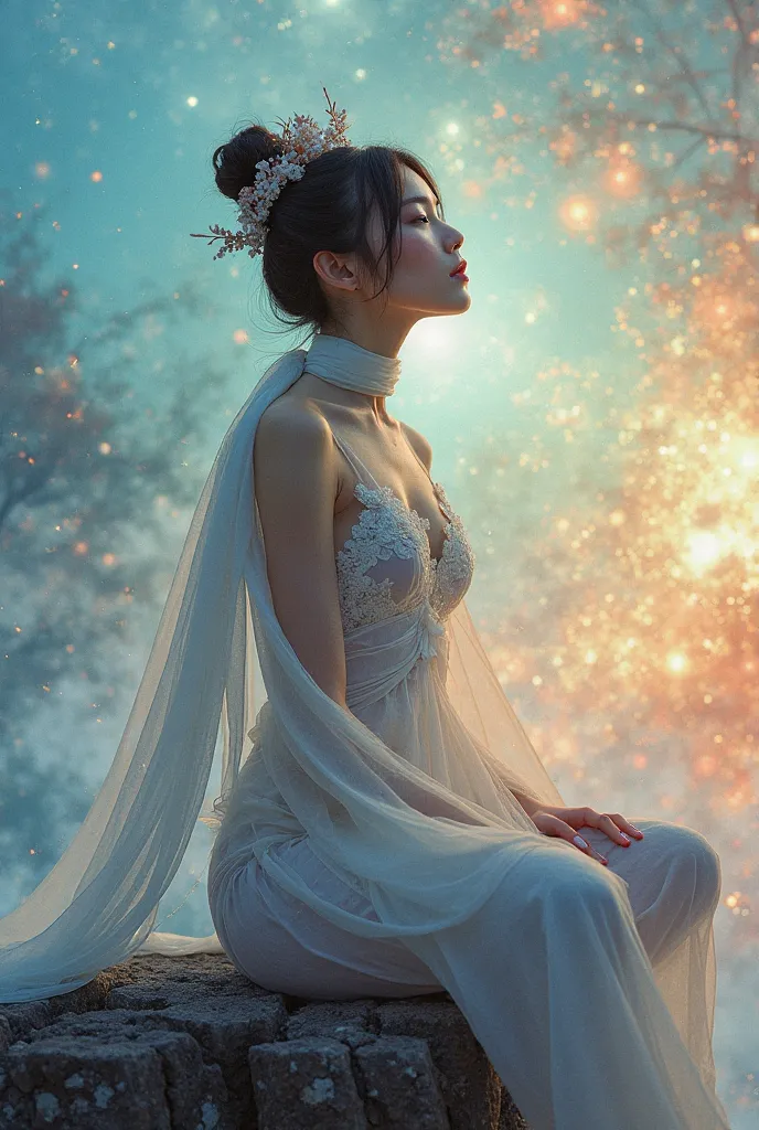 editorial_photography with a 50mm_lens,super_detailed_background,Super_realistic,double_exposure,depth of field,super_slender_skinny vibes,soft_focus bright tone,narrative_scene,ultra-skinny_body,extraordinary_beautiful_cool_Chinese_heavenly_maiden,mythica...