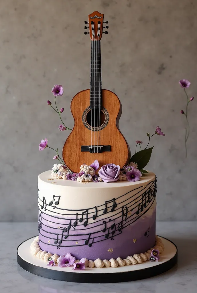 Single storey cake for women ONLY with soccer design ON THE BOTTOM AND MUSICAL NOTES and THE CHARANGO INSTRUMENT ON THE TOP color purple, white, beige and black 