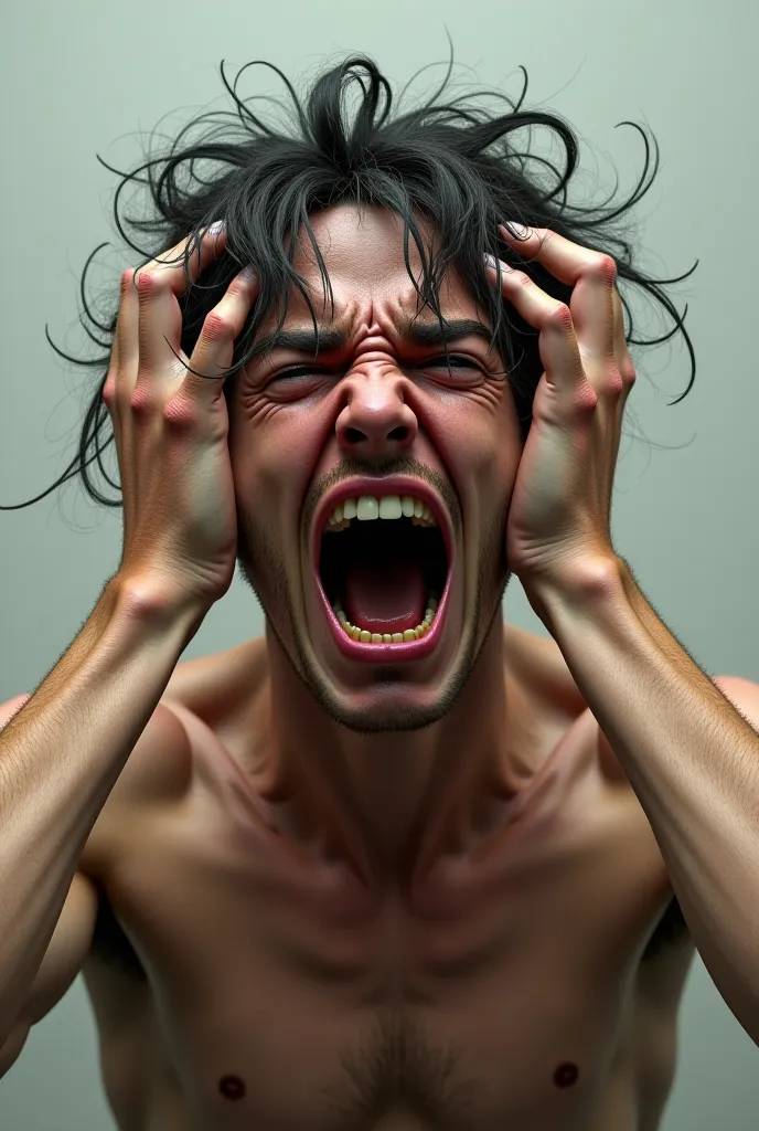 Create an image that depicts an anxious person screaming and pulling their hair 