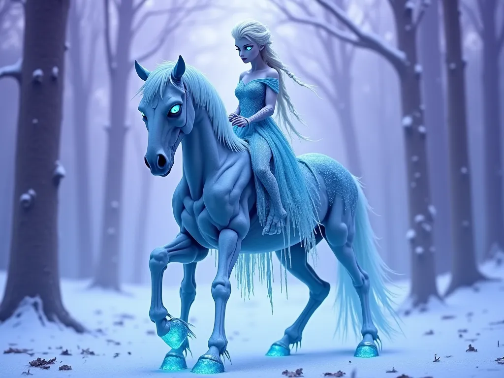 "A mystical ice queen Elsa like zombie with pale blue skin and glowing icy eyes, wearing a flowing, tattered frost-covered gown. She rides a giant, enchanted skeletal horse with glowing hooves and an icy mane. The background is a purple, snowy forest and w...