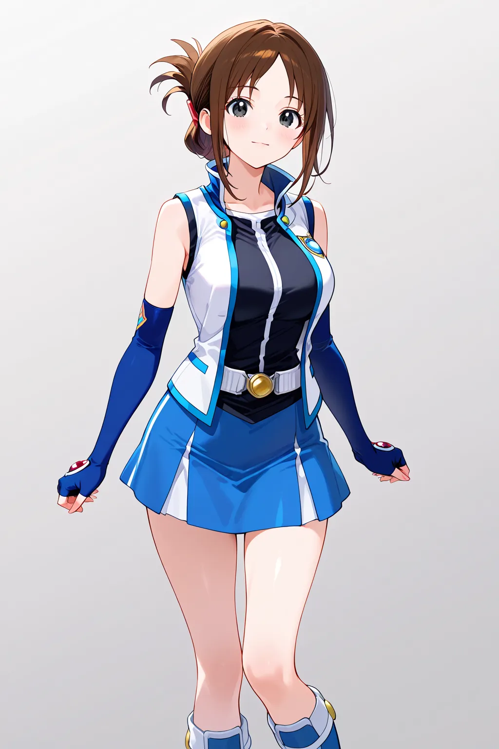 one girl , black eyes , short hair, bangs, dark brown hair, sidelocks, folded ponytail, parted bangs , Skinny body , large breasts , blue boots, blue gloves, blue skirt, ((duel academy uniform)), elbow gloves, fingerless gloves, gloves, jacket, miniskirt ,...