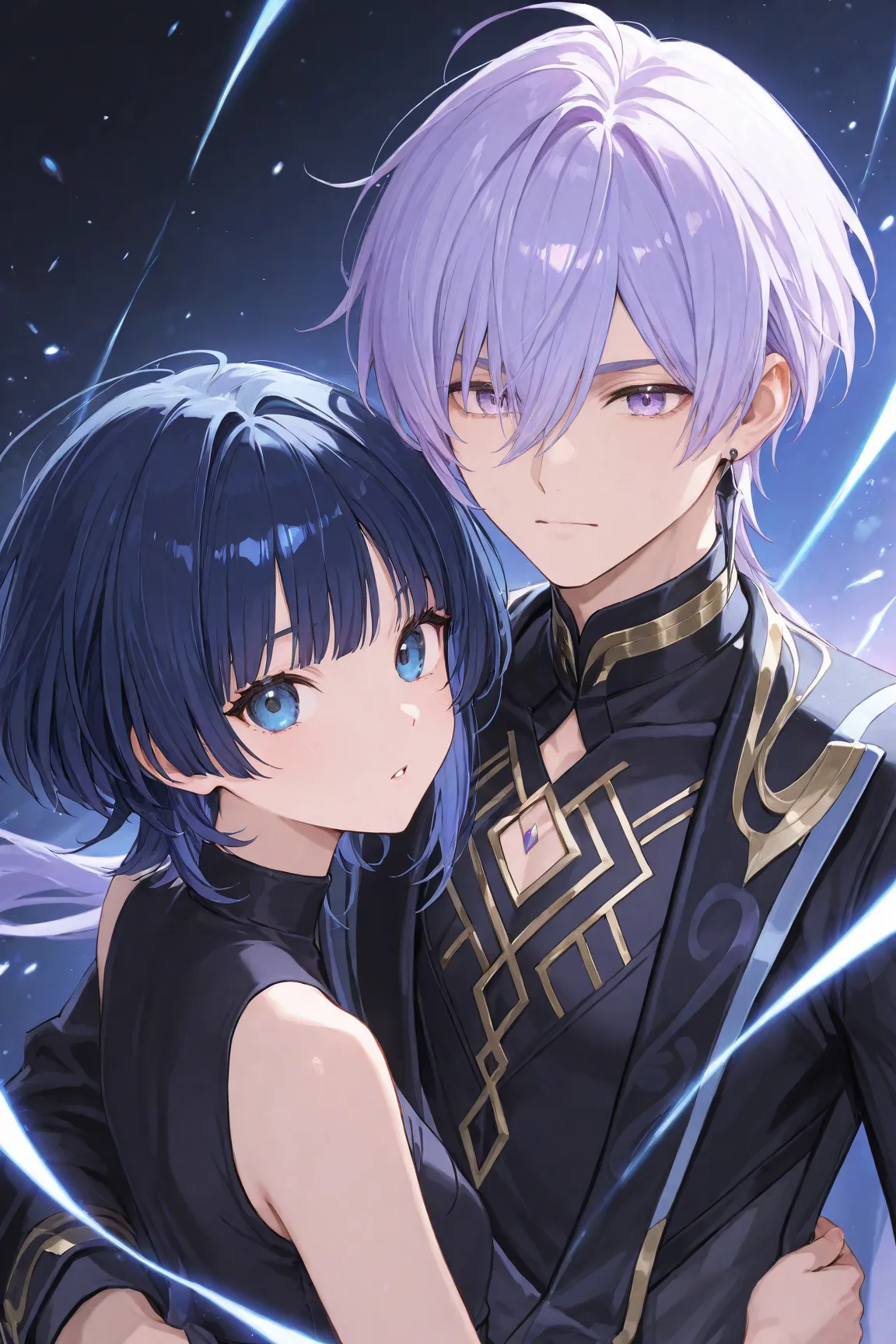 Man with short hair, dark blue hair and blue eyes、A woman with super long light purple hair and light purple eyes、
peace for two