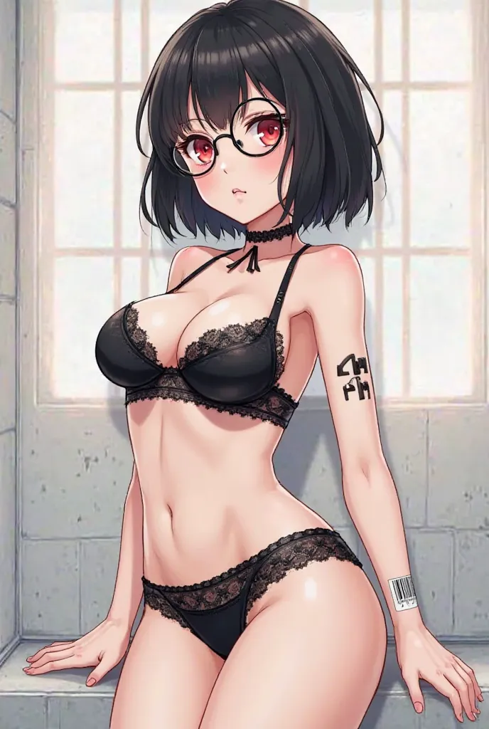 Prompt anime picture android girl tomboy with short black hair, round glasses, smooth white skin, bust size 990 cc, wide hips, big ass, black lace bra, black lace panties, bright red eyes, barcode on right arm