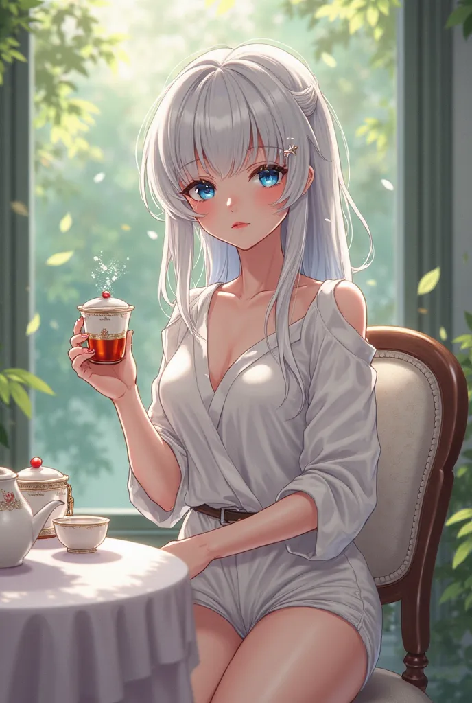 Anime Japanese Russian Half-Ball Women,with white shirt,Shorts,Make a tea party face ,White hair,blue eyes,Thin, long hair,Sit in a chair,big chest