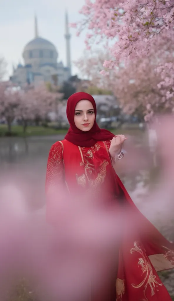 Hijab girl big, Red Cloak, soft smile, softface, sakura trees, mosque, lake, masterpiece 