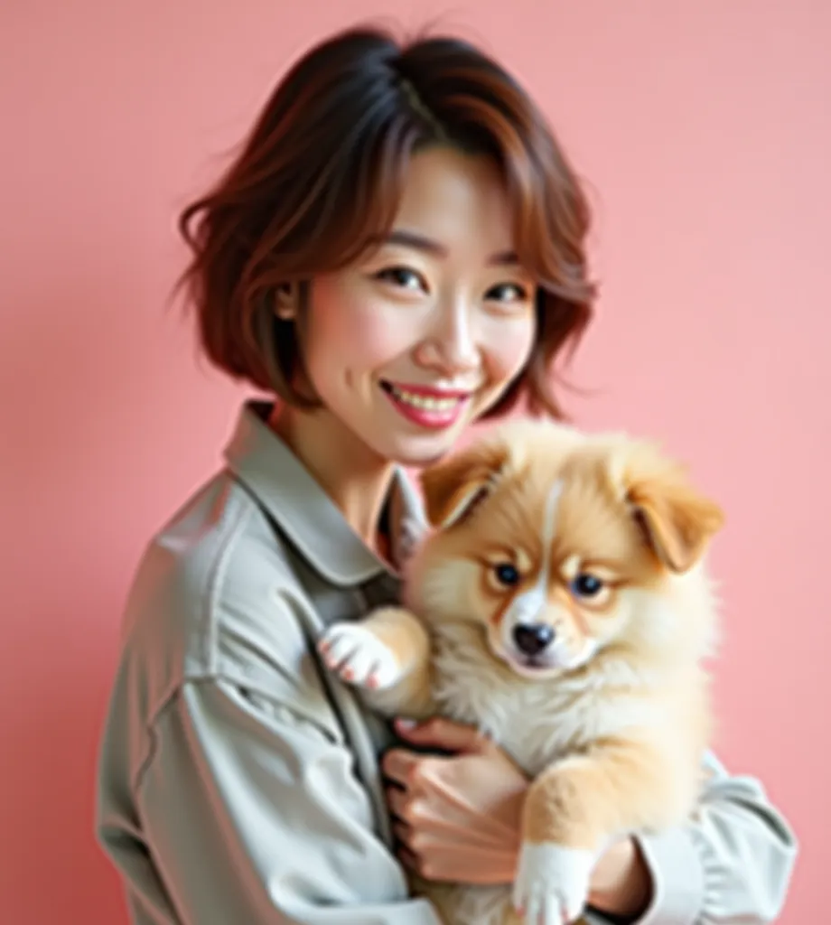 Realistics, beautiful Korean woman, 50 years old short, pixie, cut almond brown hair, wearing linen shirt, holding a lovely fluffy puppy, pink atmosphere