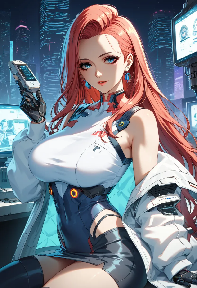 score_9, score_8, score_7,  score_You are the source   _     anime, 1mature_FE,     a woman, flirtatious look, Scarlet hair, long hair,  hair on the side , Implant Cyberpunk, blue eyes, white shirt,  white jacket, falda blanca,  white network media, black ...