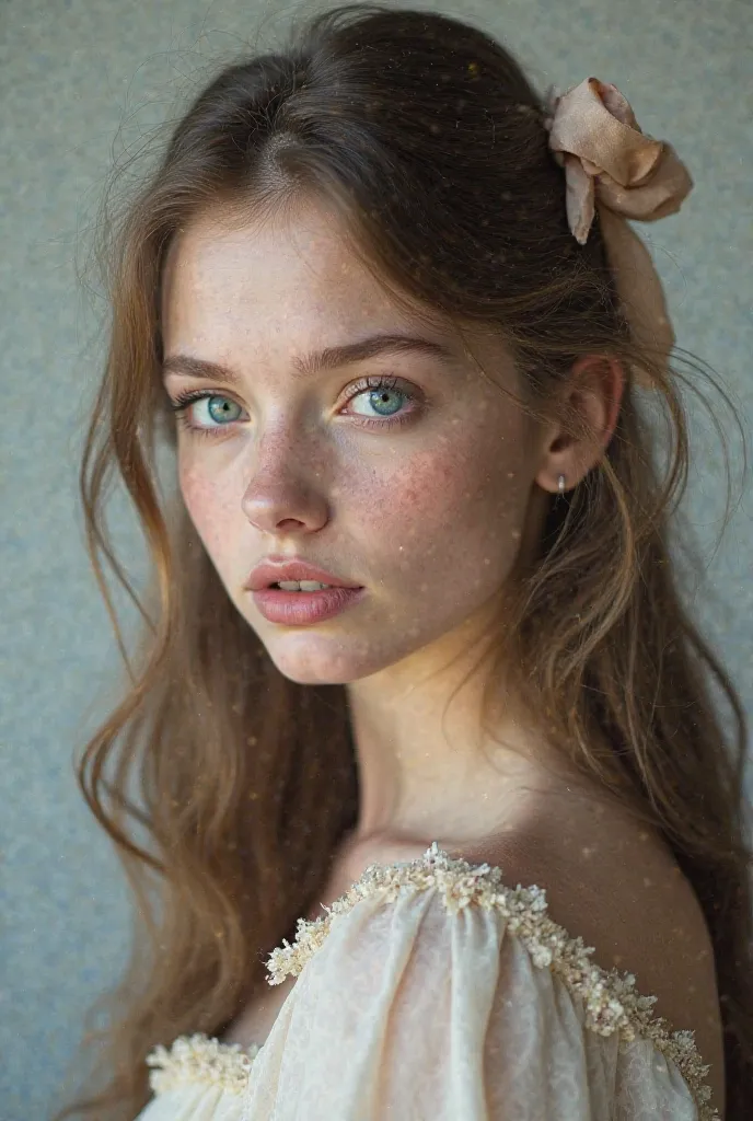 Long Hair, Solo, 1girl, Blue eyes, Simple background, Hair Bow, Hair Bow, Parted Lips, Cowboy Shot, From Side, Border, 