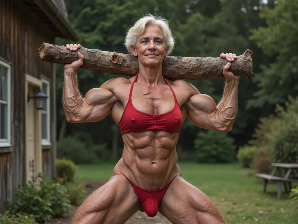 ex-porn actress An elderly beautiful very rich bodybuilder grandmother let her biceps down a little AND CARRIES A LOG ON HER SHOULDERS IN HER COUNTRY HOUSE in the garden.  she spread her legs in different directions. ex-porn actress. she is wearing a red b...