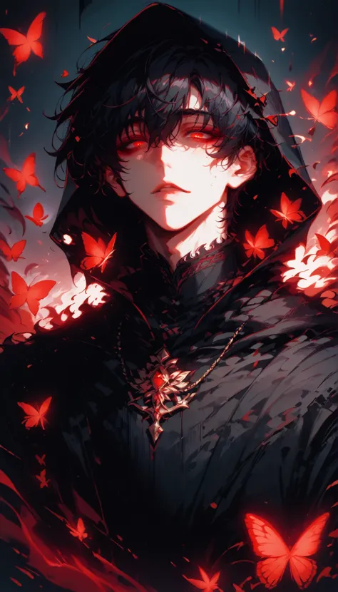 (score_9, score_8_ up), score_7_, cowboy shot, dark atmosphere, Adult male,  black hair,  black robe with hood ,  one boy ,  red eyes,  sexy boy ,  bangs over eyes、Downcast eyes、Thin eyebrows,  short hair,  ((red butterflies, red eyes in black shadows all ...