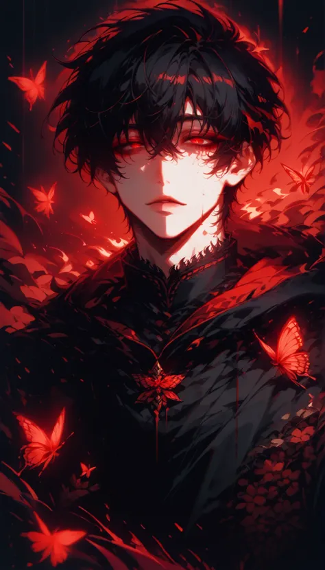 (score_9, score_8_ up), score_7_, cowboy shot, dark atmosphere, Adult male,  black hair,  black robe with hood ,  one boy ,  red eyes,  sexy boy ,  bangs over eyes、Downcast eyes、Thin eyebrows,  short hair,  ((red butterflies, red eyes in black shadows all ...