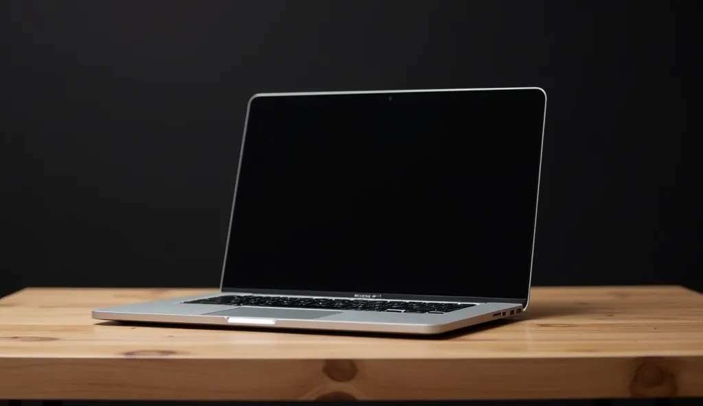 Sleek silver laptop placed on a wooden desk with a dark background, perfect for representing productivity, technology, and workspaces in a minimalist aesthetic. Ideal for business or creative contexts