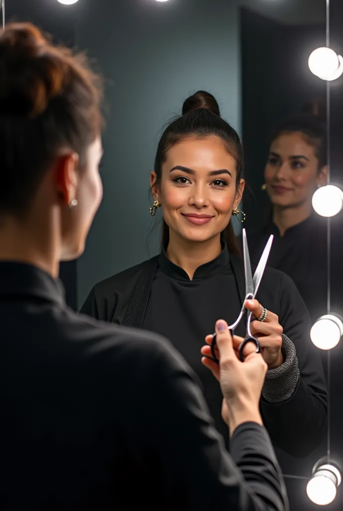 A high level hairdresser, wearing an all-black uniform, holding shiny chrome scissors, ready to give an impeccable cut.  In the mirror reflection , we see the face of your client, smiling with an expression of empowerment. The background of the salon is mi...