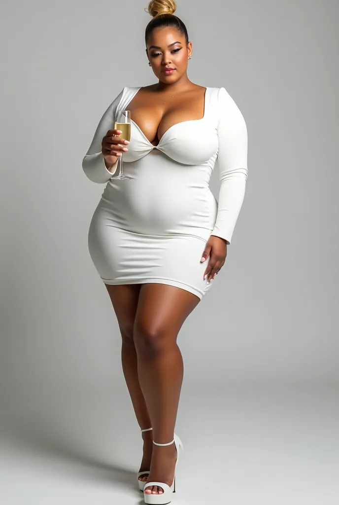 White skinned, Canadian, white long sleeve square neck mini bodycon dress cleavage, overflowing cleavage, cleavage, hdr, plump, voluptuous, hourglass figure, thick, plump wide hips, plump thick thighs, huge puffy nipples, bronze tanned skin, white platform...