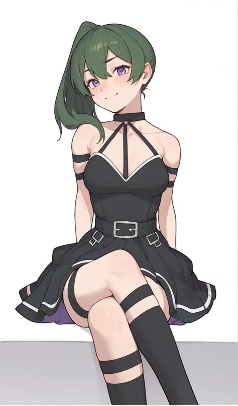 Übel, anime, dark green hair, purple hair, black circle dress skirt, stockings, blush, coy smirk, outdoors