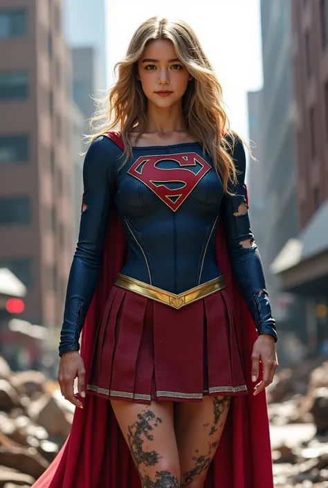 Supergirl lost to Terminator、torn skirt、Torn Outfits、Torn Outfitsから素肌が見えている、Supergirl in distress、