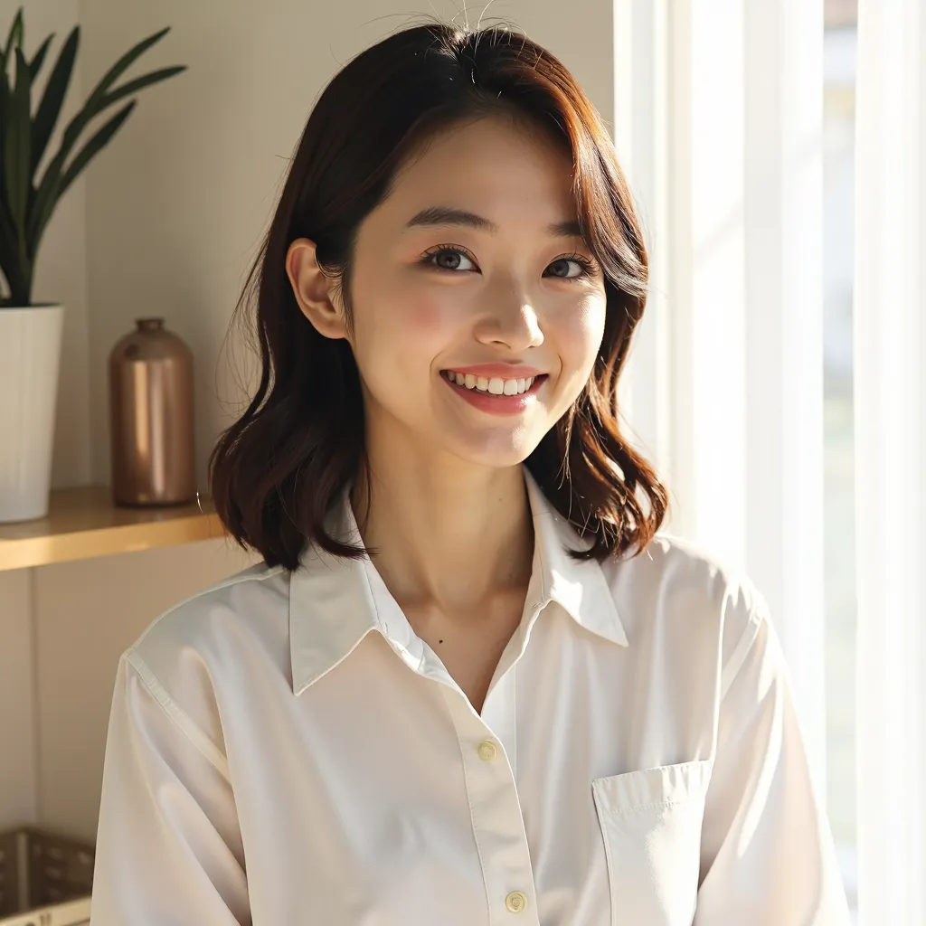 Highly detailed and realistic portrait of a smiling young Japanese woman with a slightly large bust (bust 88cm, underbust 108cm), shoulder-length brown hair and warm skin tone. She is wearing a white shirt with all buttons undone. Standing in a bright, sof...