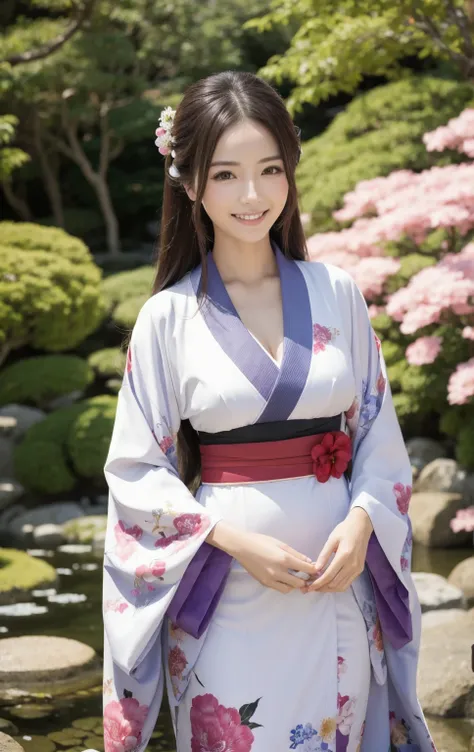  beautiful woman,eyes are big,smile,long hair around the chest,glamour,Kimono,Japanese Garden