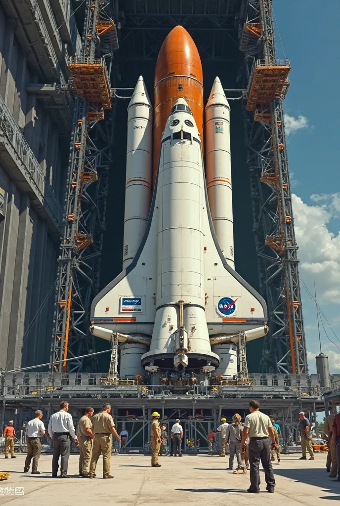 The Apollo 11 ship being assembled at the Kennedy Space Center, with engineers and scientists working