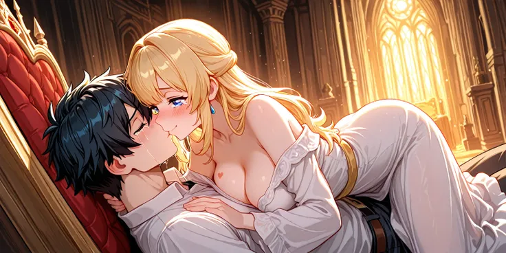 In the throne room, the male hero and the princess are engaged in a kissing contest. The princess on top has heart marks for her eyes, her face is red and she looks happy. The male hero, who is attracted to the princess below, has his clothes removed, his ...