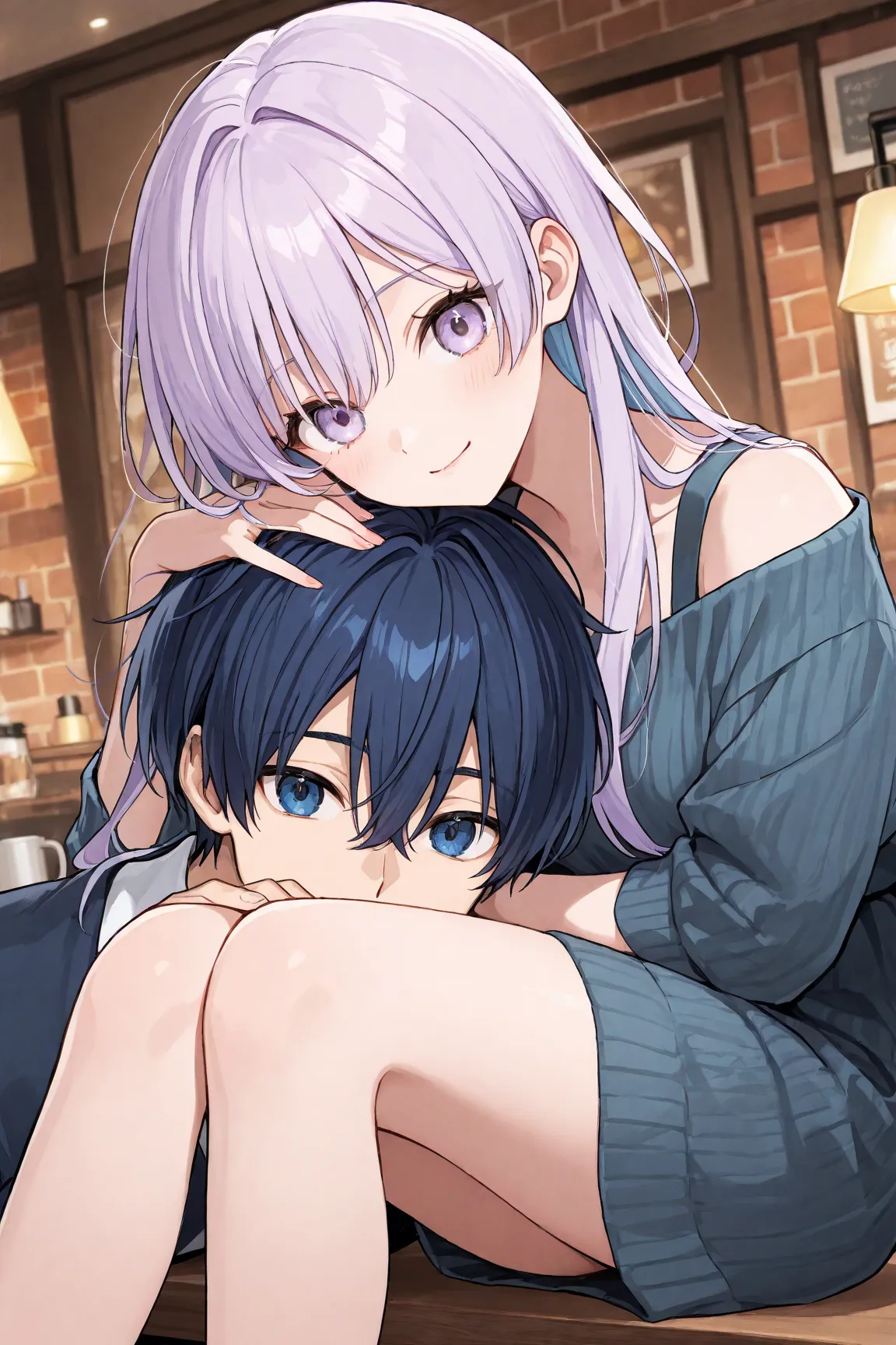 Man with short hair, dark blue hair and blue eyes、A woman with long hair, light purple hair, and light purple eyes、
Cafe for 2