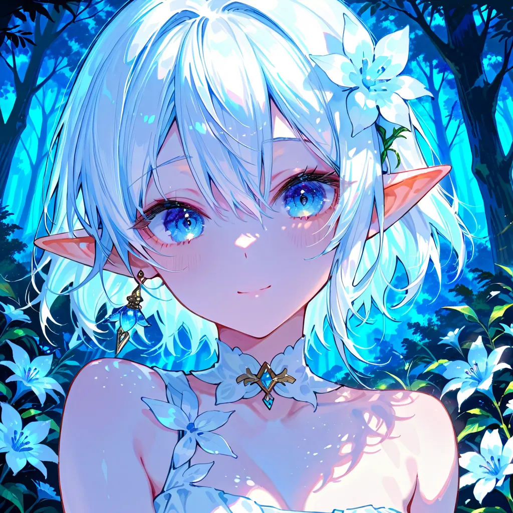 (​masterpiece、8K、top-quality)、(Soft light:1.3), Detailed face, Detailed eyes, White Greece Dress, beautiful digital works of art, landscape, Many flowers, forest, Sparkling blue eyes, Bright light, Warm, Tree Shade, Sunlit, Short hair, Elf girl, facing vie...