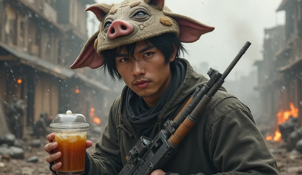 , holding a glass of milk tea, pearl, left hand,game,male character,Holding the RPG with the right hand,black, war background ,Wear a pig face hat
