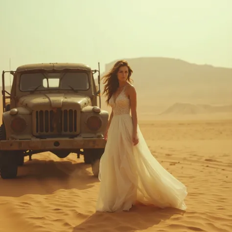  Cinematic photography, eye-level view of a vast desert with towering sand dunes, tire tracks carved into the golden sand. An old, rugged military truck stands still, its metal frame slightly covered in dust. The sky is hazy with a warm, sepia-toned glow, ...