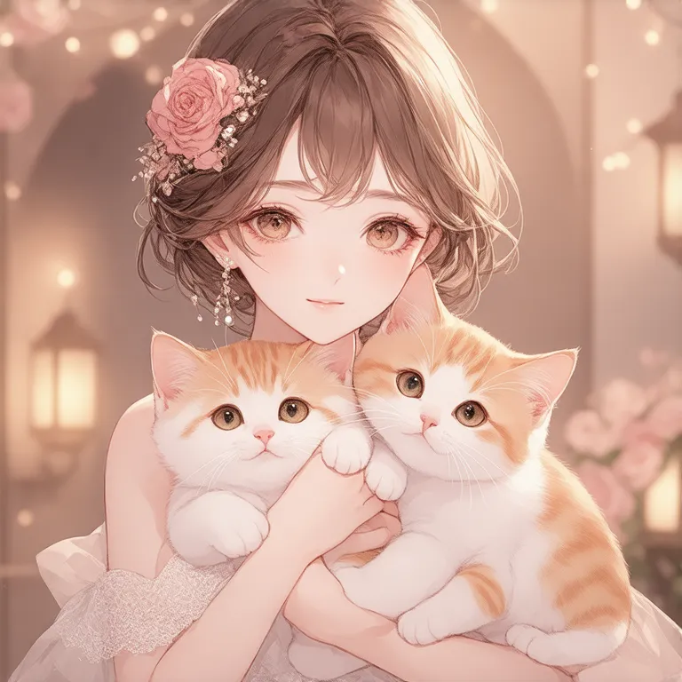 A young, light-skinned anime girl, positioned in the center of the image, holds two small, orange and white kittens close to her chest.  She has shoulder-length, light brown hair styled in a braid, and wears a light beige, lacy dress with delicate pearl em...